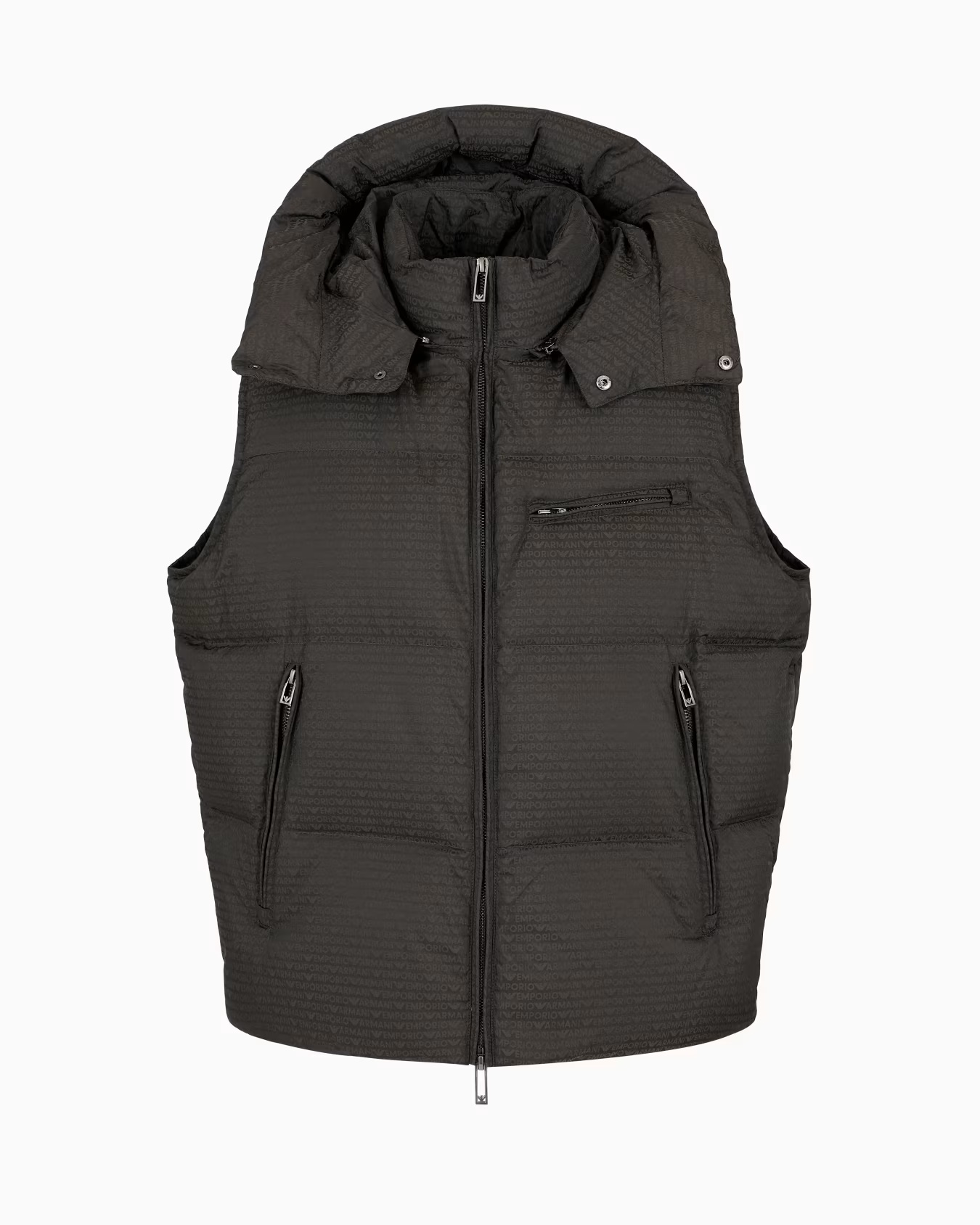 Zipped, hooded sleeveless down jacket in jacquard nylon with all-over logo lettering 1 Zipped, hooded sleeveless down jacket in jacquard nylon with all-over logo lettering
