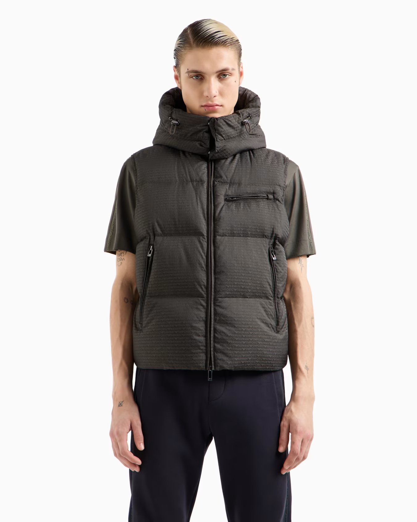 Zipped, hooded sleeveless down jacket in jacquard nylon with all-over logo lettering 2 Zipped, hooded sleeveless down jacket in jacquard nylon with all-over logo lettering