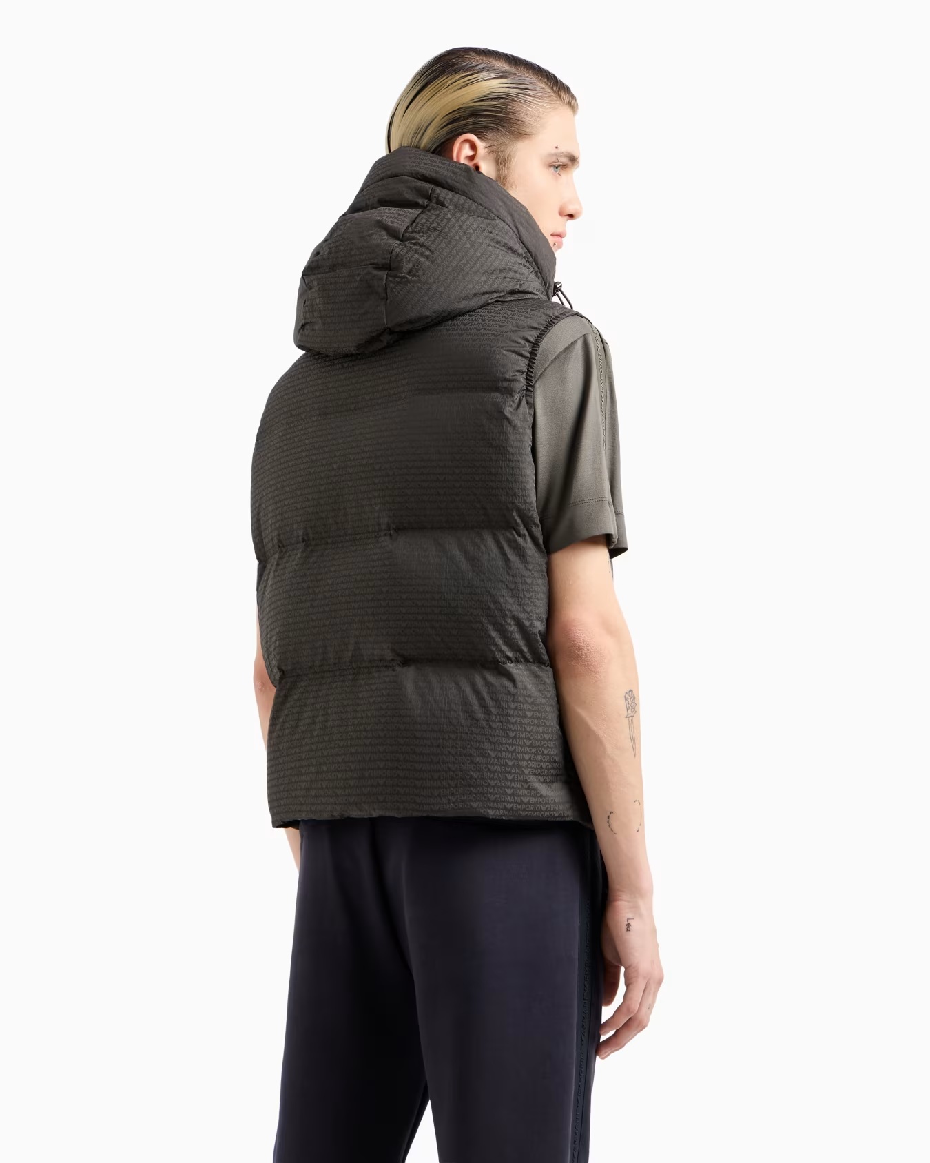 Zipped, hooded sleeveless down jacket in jacquard nylon with all-over logo lettering 3 Zipped, hooded sleeveless down jacket in jacquard nylon with all-over logo lettering