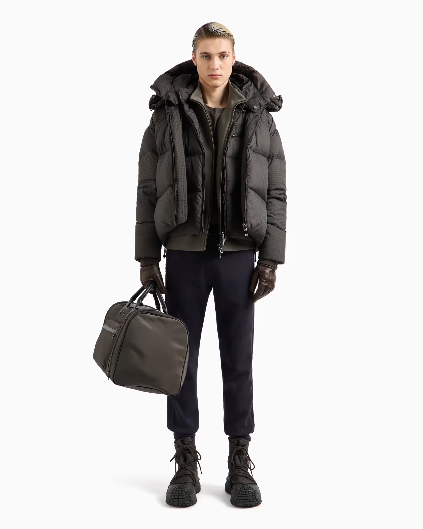 Zipped, hooded sleeveless down jacket in jacquard nylon with all-over logo lettering 4 Zipped, hooded sleeveless down jacket in jacquard nylon with all-over logo lettering