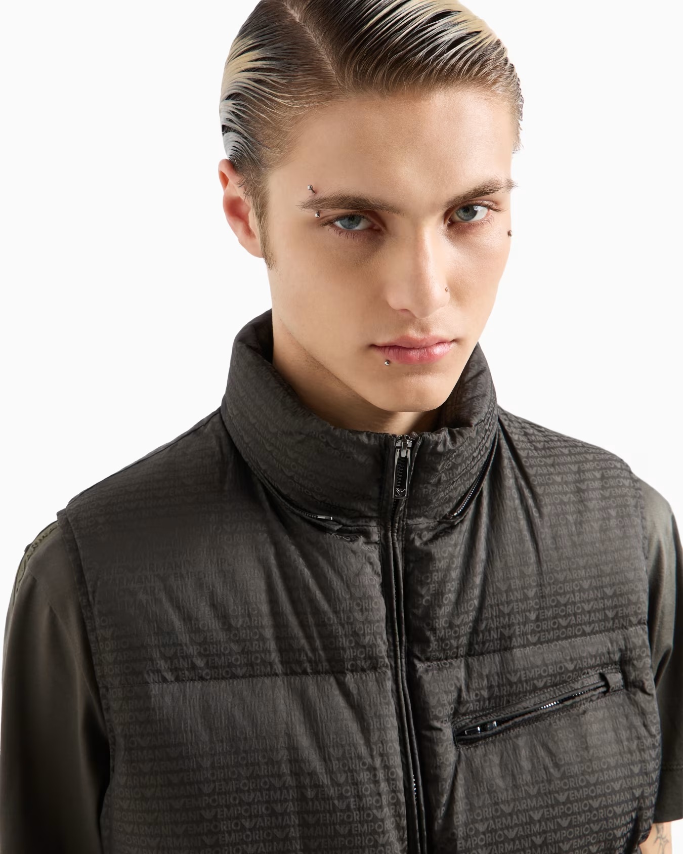 Zipped, hooded sleeveless down jacket in jacquard nylon with all-over logo lettering 5 Zipped, hooded sleeveless down jacket in jacquard nylon with all-over logo lettering