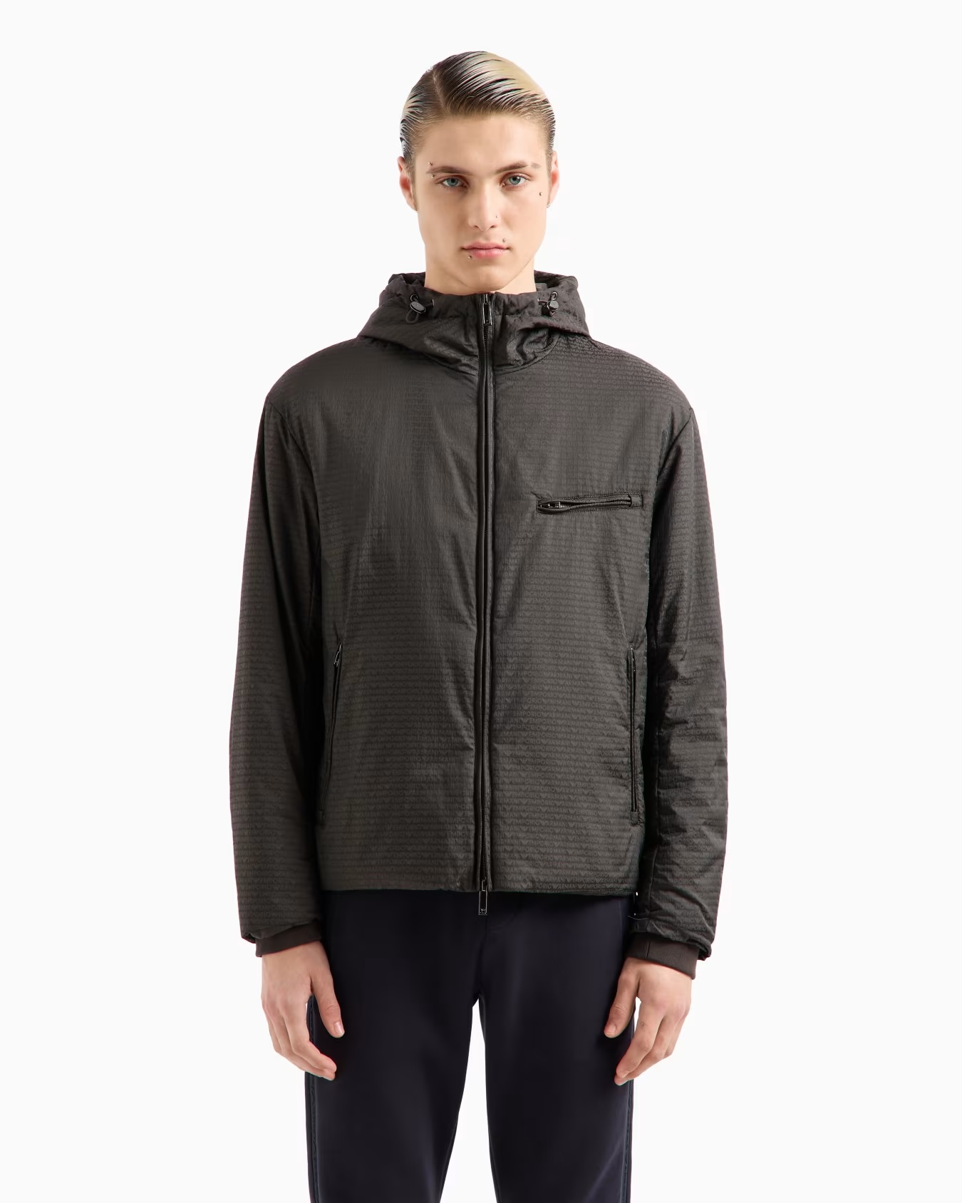Lightweight nylon, hooded zip-up blouson with all-over jacquard lettering 2 Lightweight nylon, hooded zip-up blouson with all-over jacquard lettering