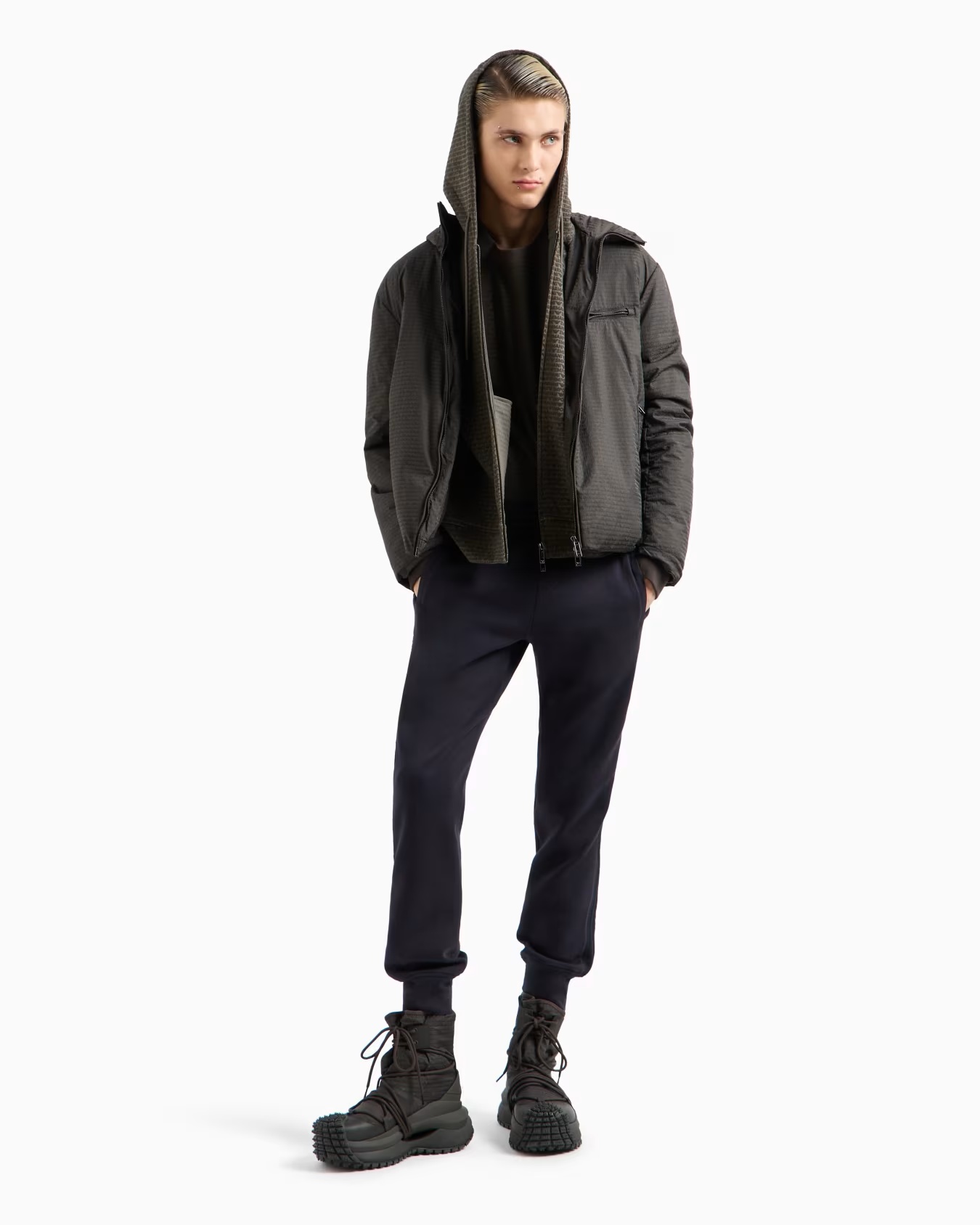 Lightweight nylon, hooded zip-up blouson with all-over jacquard lettering 4 Lightweight nylon, hooded zip-up blouson with all-over jacquard lettering
