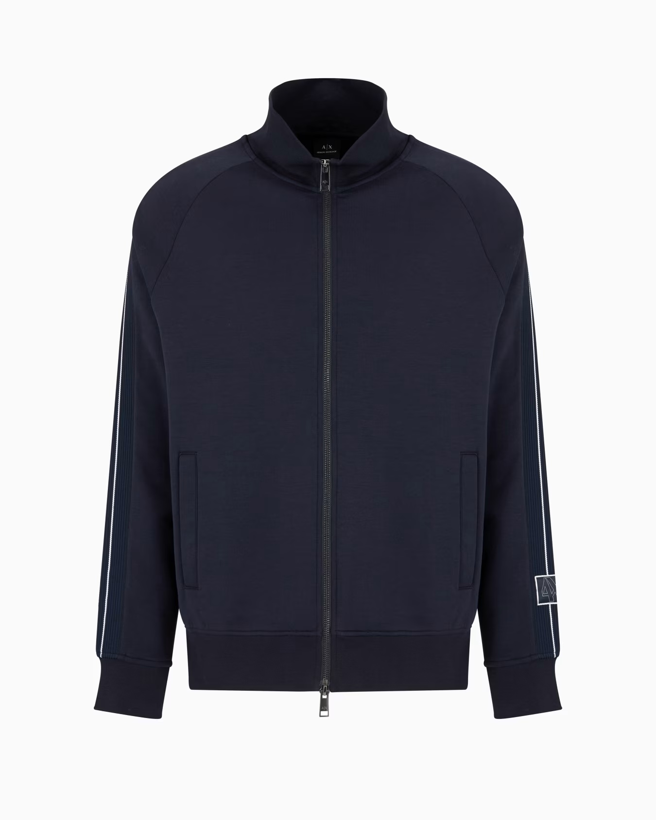 Full zip sweatshirt in bonded cotton with bands on the sleeves