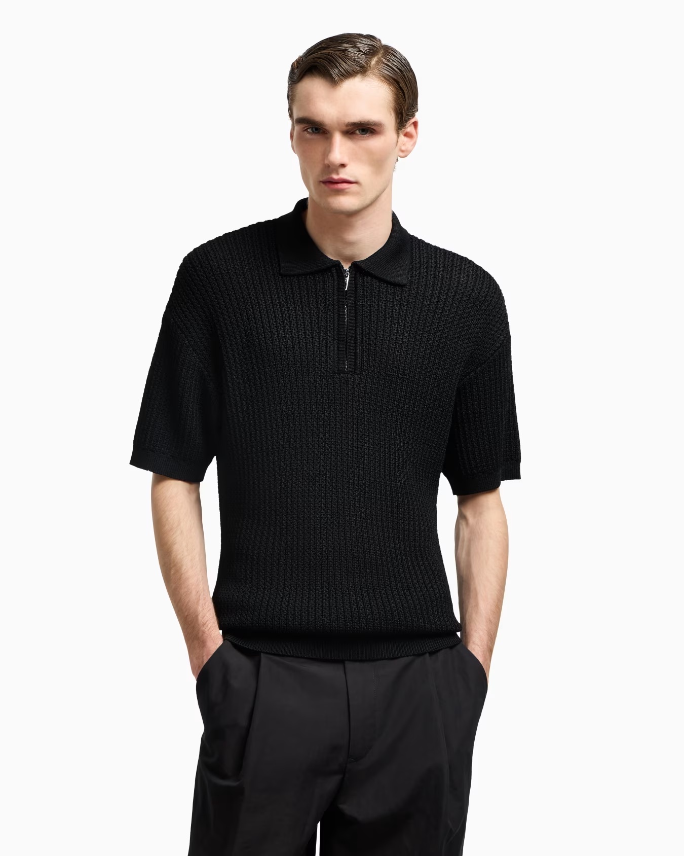 Short-sleeved polo shirt in a ribbed viscose blend 4 Short-sleeved polo shirt in a ribbed viscose blend