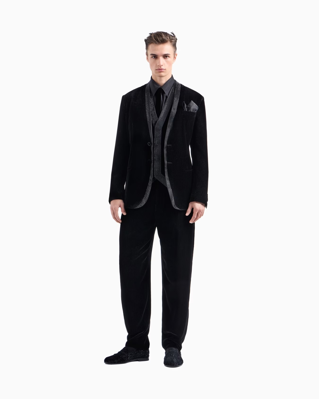 Giorgioâs single-breasted, tuxedo jacket in shiny pinstriped velvet 2 Giorgioâs single-breasted, tuxedo jacket in shiny pinstriped velvet