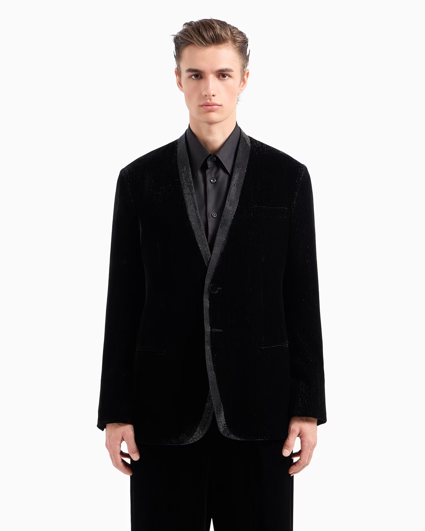 Giorgioâs single-breasted, tuxedo jacket in shiny pinstriped velvet 4 Giorgioâs single-breasted, tuxedo jacket in shiny pinstriped velvet